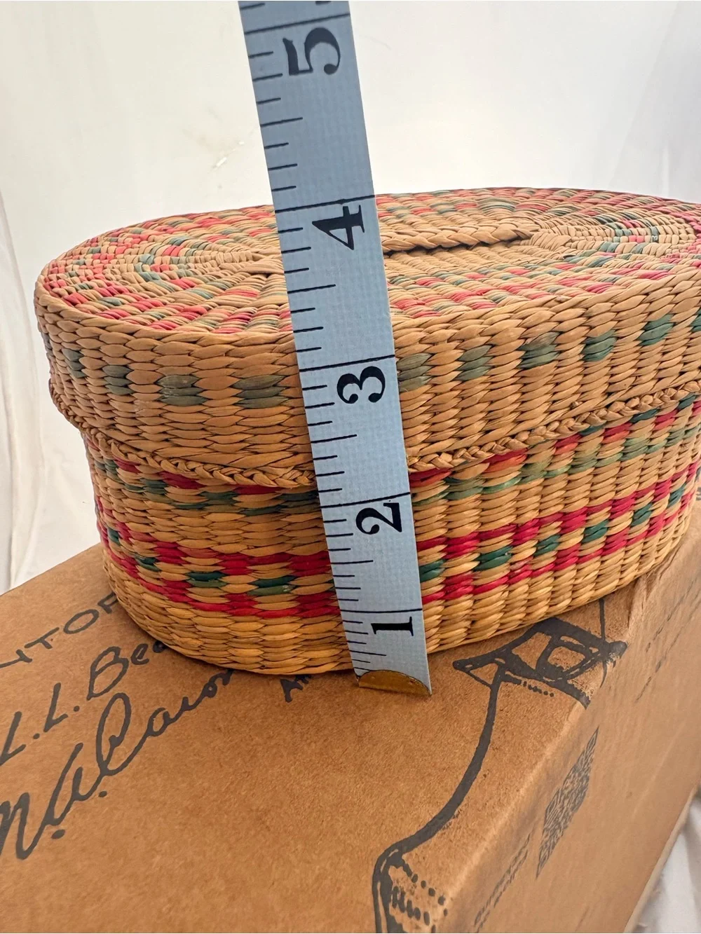 Vintage Boho Style Braided Sweetgrass Basket in Red, green, and natural colors
